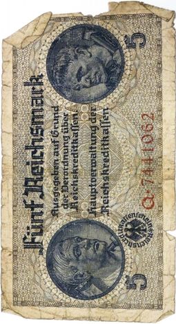 Reichskreditkassenschein, 5 Reichsmarks, German Reich, 1938&ndash;1945